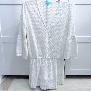 Melissa Odabash White Eyelet Bell Sleeve Beach Cover Up Kaftan V-Neck Size L